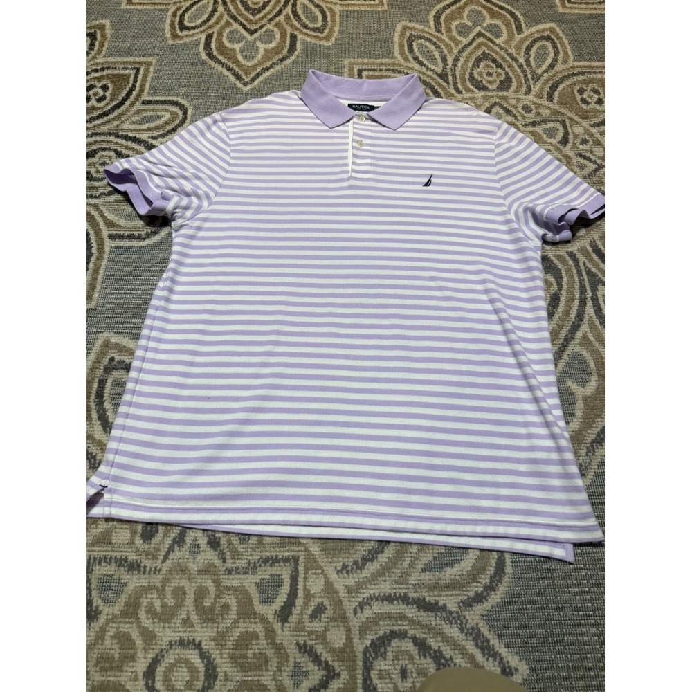 Nautica Mens XXL Polo Shirt Lavender White Striped Short Sleeve Pique Knit Logo